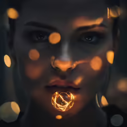 a girl in light is illuminated by her face and eyes
