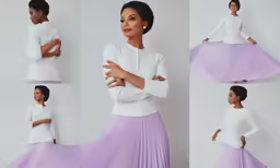 an african american woman poses in a purple skirt