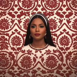 a woman posing for the camera in front of a wall paper with red flowers