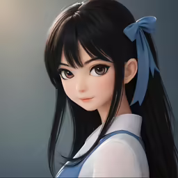 a anime girl with black hair and a bow