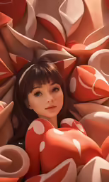 a girl wearing a black shirt and a big hat in the middle of many orange, pink and white shapes