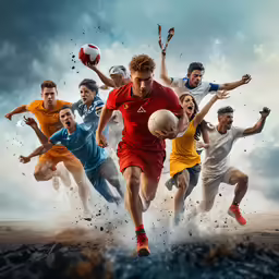 a group of men are playing soccer on the beach