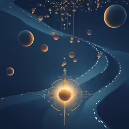 a group of spheres with lines and dots hanging from them