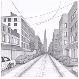this is an image of some vehicles parked in front of a street,a pencil drawing of several cars and houses,a pencil drawing of a street scene with a car and buildings,the line drawing has been drawn using pencil and ink,a sketch of cars parked along the side of the road