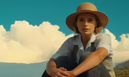 a young woman sitting on the ground in the desert