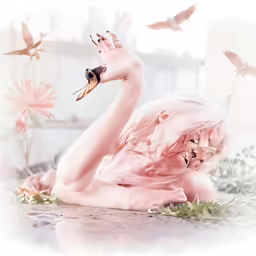 a pink statue of a woman on a rug with a bird in the background