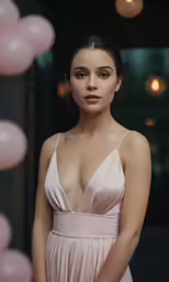 a woman with breast wearing a pink dress