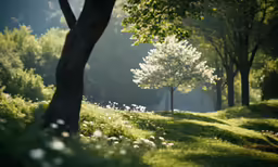 a grassy area with trees and flowers next to a road
