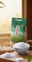 two bags of cattails sitting next to a bowl