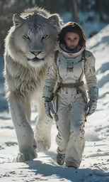 a woman in a space suit with an animal behind her