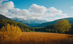 the view across the grass in a field, from the mountains behind