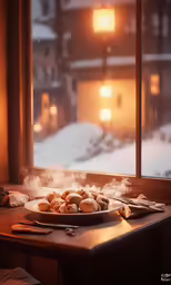 a plate of food with chopsticks on it sitting on a table in front of a window
