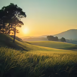 a beautiful sunrise in the distance over a lush green valley