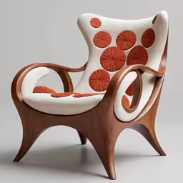 a lounge chair with many decorative discs on the back