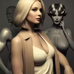 a woman with large breast standing next to three mannequins