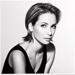 a black and white photo of a woman with short hair