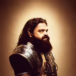 the man has long hair and is dressed in armor