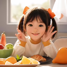 a cute little girl sitting in front of plate of fruit