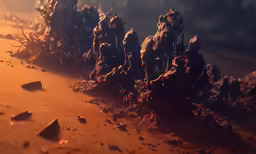 a desert with rocks and sand under a bright sky