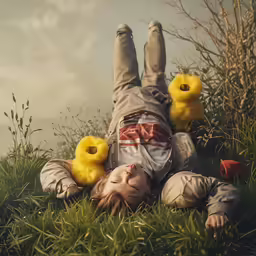 a child laying in the grass with some small items around their ankles