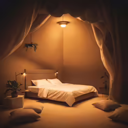 a very pretty bed with white sheets and pillows
