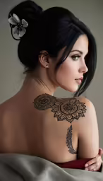 a woman in a dress with a tattoo on her back