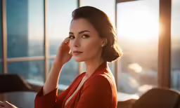 a woman in an orange top looking at the camera