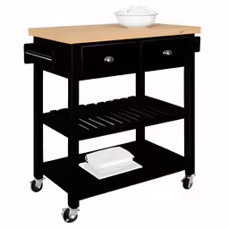 an elegant black kitchen cart on wheels with a wooden top