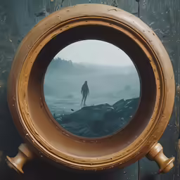 a circular mirror that is in front of a door