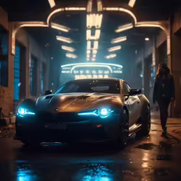 a woman in a long dark jacket is next to a black car