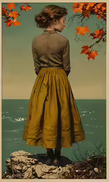 an old photo of a woman standing at the sea