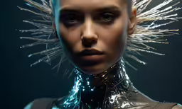 a woman wearing metal looks in the camera