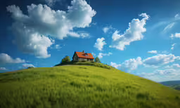 a house on a green hill in the background is cloudy