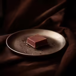 a piece of chocolate on a plate sitting on some brown fabric