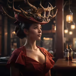 a woman with antlers on her head at a bar