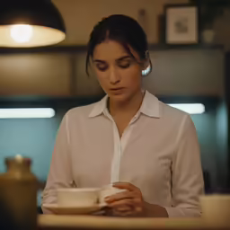 a woman sitting down at a table eating a cup