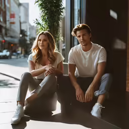 two people sitting against the ledge of a building