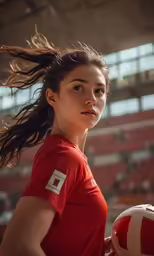 a woman is holding a volleyball in her right hand