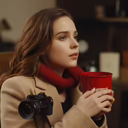 a young woman wearing a long coat holding a cup