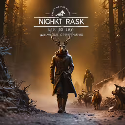 a man in deer clothing on a path,a person standing on the dirt in front of a forest