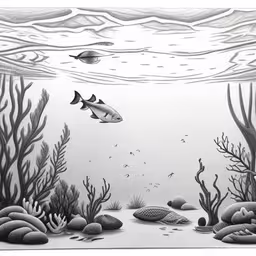 this drawing is black and white and has a fish,this is a drawing of an underwater scene with fish and corals,a fish is swimming in the ocean while another fishes swims,an underwater scene drawn with black and white pencils,black and white drawing of a fish with a background of rocks, algaes and other plants