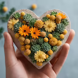 a small heart shaped box with a flower arrangement in it
