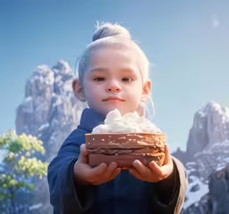 a girl holding a chocolate cake in front of mountains