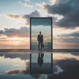 a man in a business suit standing in front of an empty wall