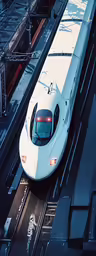 a modern electric bullet train traveling through city