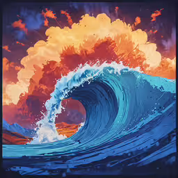 a painting of a wave with a blue ocean,an abstract painting of an ocean wave