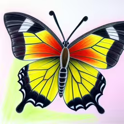 an image of a painting of a butterfly with colors,colored butterfly on white background with shadow,a butterfly that is standing in the sky,colored pencil drawing of butterfly with open wings,drawing the butterfly with colored pencils on paper