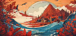 an artistic picture of houses near the water and mountains,this is a picture of the landscape of an artist