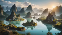 digital painting of a small island in a lake surrounded by mountains