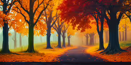 an illustration of autumn trees and a pathway,a road that leads through a forest on a foggy day